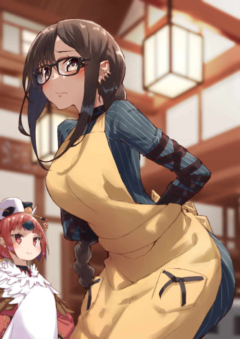 2girls apron arms_behind_back bangs benienma_(fate/grand_order) bird_hat black_gloves blurry blurry_background blush braid breasts brown_eyes brown_hair brown_headwear choker consort_yu_(fate) dress ear_piercing earrings elbow_gloves fate/grand_order fate_(series) feather_trim glasses gloves grey_dress japanese_clothes jewelry kimono large_breasts leaning_forward long_hair long_sleeves looking_at_viewer low_ponytail magic_chocolate multiple_earrings multiple_girls parted_bangs piercing red_eyes red_kimono redhead ribbed_dress single_braid small_breasts smile turtleneck_dress tying_apron very_long_hair wide_sleeves yellow_apron