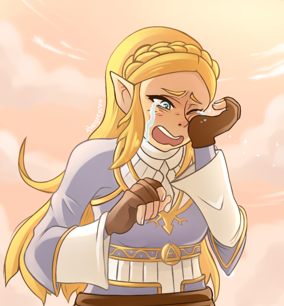 1girl artist_name blonde_hair braid crying deviantart_username elf hylian nintendo nintendo_ead one_eye_closed open_mouth pointy_ears princess_zelda sad solo sunset tagme tears the_legend_of_zelda the_legend_of_zelda:_breath_of_the_wild thegreyzen