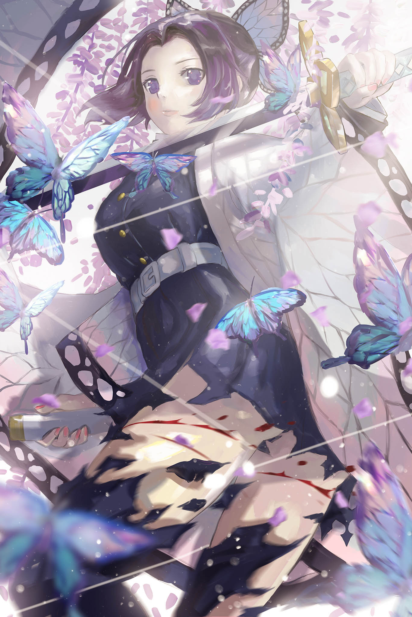 1girl black_hair black_jacket black_legwear black_skirt bug butterfly butterfly_hair_ornament closed_mouth gradient_hair hair_ornament haori highres holding holding_sword holding_weapon insect jacket japanese_clothes katana kimetsu_no_yaiba kochou_shinobu long_sleeves looking_at_viewer multicolored_hair nasu_(luliice) pleated_skirt purple_hair short_hair skirt solo standing sword torn_clothes torn_legwear torn_skirt violet_eyes weapon