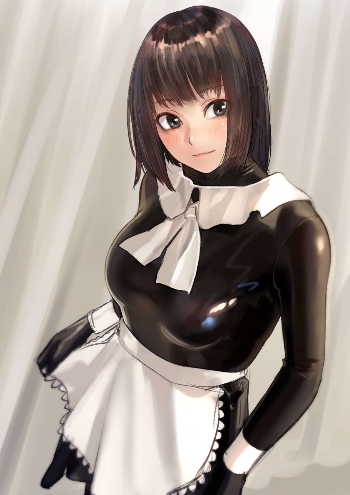 1girl apron bob_cut brown_eyes brown_hair eyebrows_visible_through_hair highres kilye_4421 latex_bodysuit light_smile maid_apron original solo