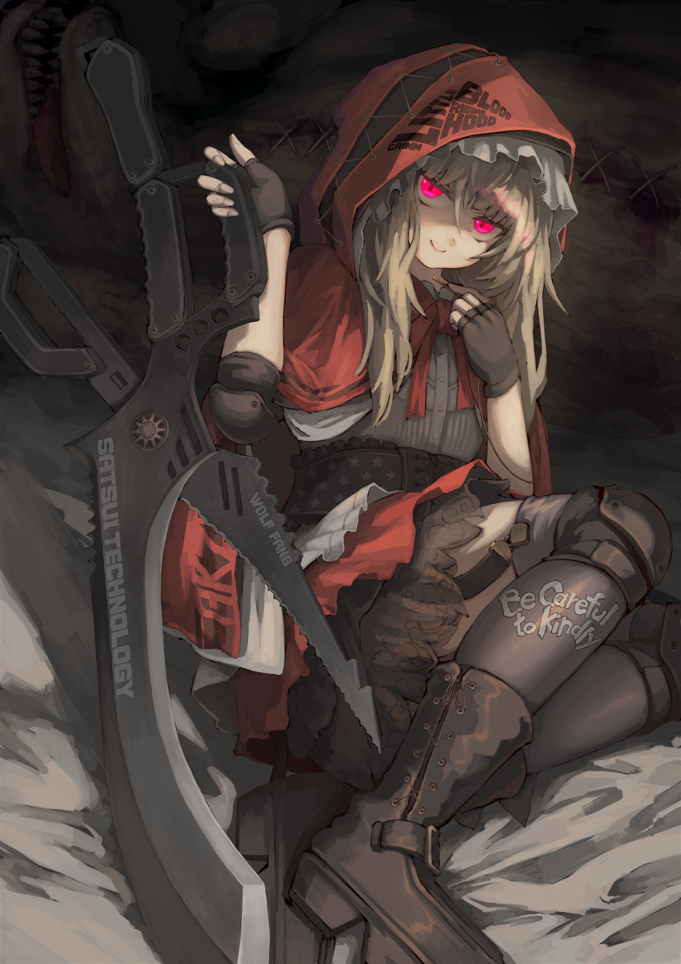 1girl blonde_hair boots brown_footwear cape gloves graphite_(medium) hair_between_eyes highres hood knee_pads little_red_riding_hood little_red_riding_hood_(grimm) looking_at_viewer original osabachan red_cape red_eyes scissors skirt smile solo thigh-highs traditional_media