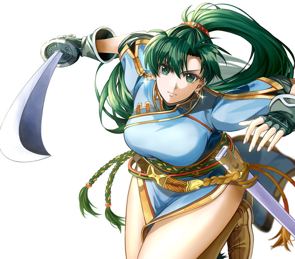 1girl asymmetrical_bangs attacking_viewer bangs black_gloves blue_dress blurry blurry_background boots braid breasts brown_footwear closed_mouth commentary_request delsaber dress eyelashes fingerless_gloves fire_emblem fire_emblem:_the_blazing_blade gloves gold_trim green_eyes green_hair hair_between_eyes hair_ornament high_ponytail highleg holding holding_sword holding_weapon katana knee_boots large_breasts leaning_forward long_hair looking_at_viewer lyn_(fire_emblem) serious sheath shiny shiny_hair simple_background solo sword thighs weapon white_background