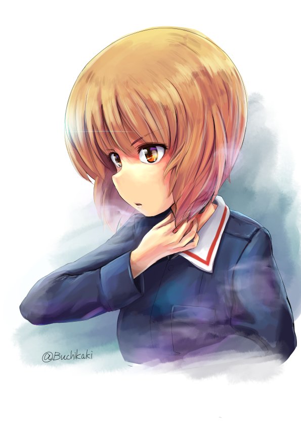 1girl bangs blue_jacket brown_eyes brown_hair buchikaki commentary cropped_torso girls_und_panzer hand_on_own_throat jacket long_sleeves looking_to_the_side military military_uniform nishizumi_miho ooarai_military_uniform parted_lips serious short_hair solo throat_microphone twitter_username uniform upper_body