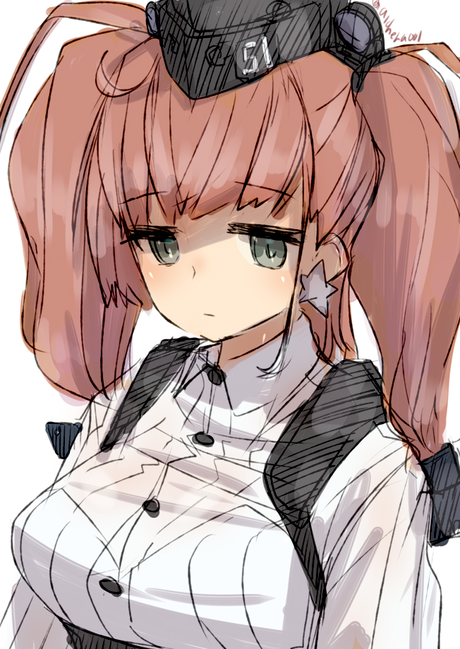 1girl alchera atlanta_(kantai_collection) breasts brown_hair commentary_request earrings expressionless garrison_cap grey_eyes hat jewelry kantai_collection large_breasts long_hair long_sleeves shirt simple_background solo star star_earrings two_side_up upper_body white_background white_shirt