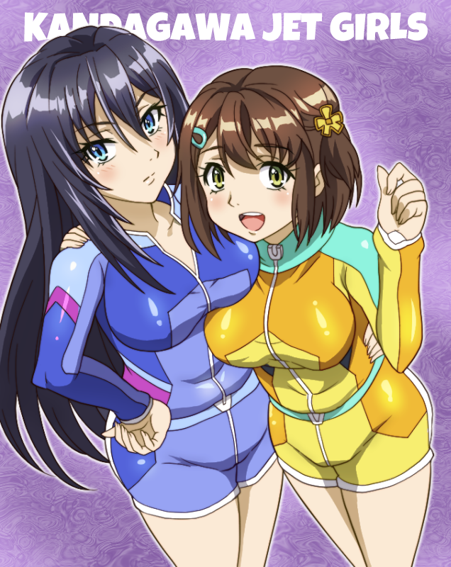2girls aoi_misa black_hair blue_eyes blush breasts brown_hair closed_mouth collarbone copyright_name eyebrows_visible_through_hair flower green_eyes hair_flower hair_ornament hairclip hand_on_another's_waist hand_on_hip kandagawa_jet_girls large_breasts long_hair looking_at_viewer multiple_girls namiki_rin onomekaman open_mouth purple_background shiny shiny_hair shiny_skin short_hair simple_background smile standing teeth upper_teeth