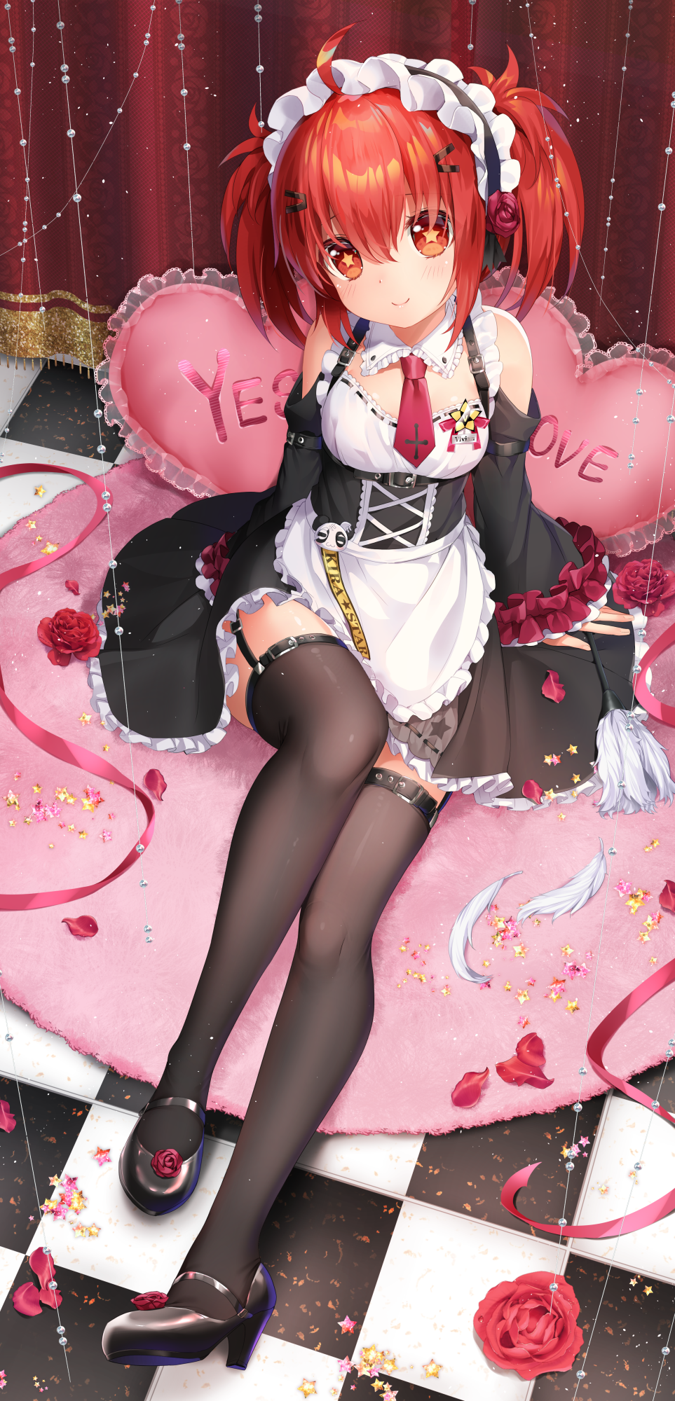 1girl ahoge alternate_costume apron bangs black_legwear blush detached_sleeves english_commentary enmaided flower frilled_apron frills garter_straps hair_between_eyes highres looking_at_viewer maid maid_headdress mvv necktie original petals red_eyes redhead ribbon rose short_hair sitting smile solo star star-shaped_pupils symbol-shaped_pupils thigh-highs twintails vivian_(mvv) white_apron yes yes-no_pillow zettai_ryouiki