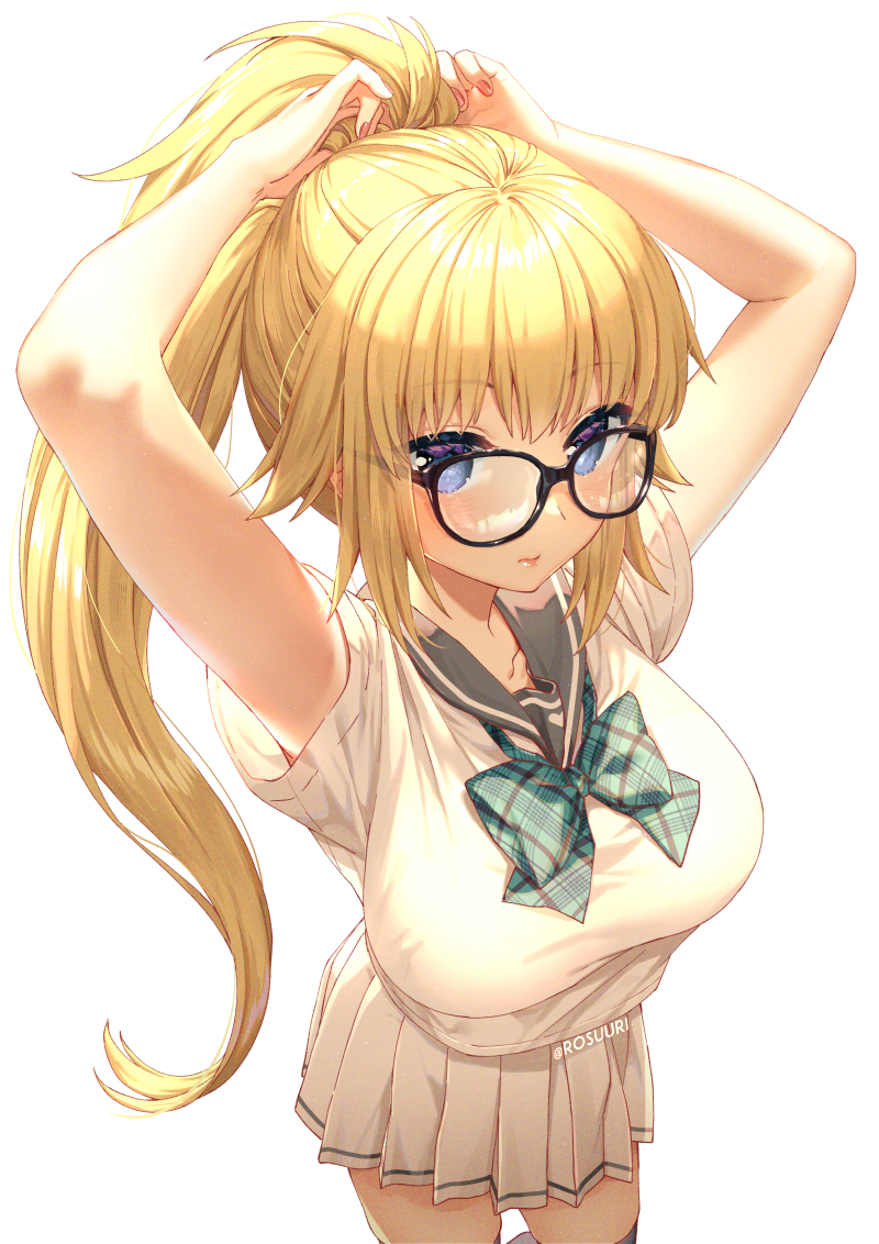 1girl arms_up black-framed_eyewear black_sailor_collar blonde_hair blue_eyes bow bowtie breasts closed_mouth commentary_request fate/grand_order fate_(series) glasses green_neckwear high_ponytail jeanne_d'arc_(fate) jeanne_d'arc_(fate)_(all) large_breasts long_hair looking_at_viewer plaid_neckwear pleated_skirt ponytail rosuuri sailor_collar school_uniform serafuku shirt short_sleeves sidelocks simple_background skirt solo twitter_username tying_hair very_long_hair white_background white_shirt white_skirt