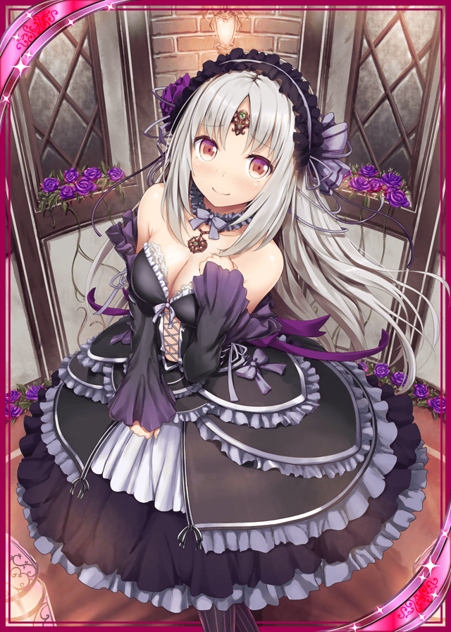 1girl akkijin bare_shoulders black_dress breasts card_(medium) collarbone dress flower gothic_lolita grey_ribbon hair_ornament indoors lamp lolita_fashion looking_up medium_breasts official_art oracle_(shinkai_no_valkyrie) purple_flower purple_ribbon purple_rose red_eyes ribbed_dress ribbon rose rose_bush shinkai_no_valkyrie shy silver_hair tiara window