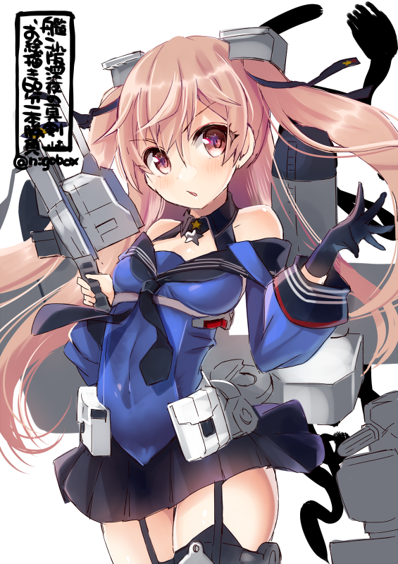 1girl bangs black_gloves black_neckwear blush breasts character_name cursive eyebrows_visible_through_hair garter_straps gloves holding johnston_(kantai_collection) kantai_collection light_brown_hair long_hair medium_breasts nigo open_mouth pouch red_eyes ribbon rigging sailor_collar simple_background single_glove skirt solo star twitter_username two_side_up white_background