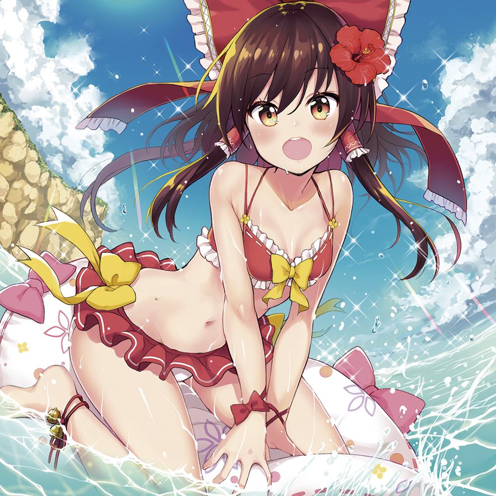 1girl anklet bare_arms bare_shoulders barefoot bell bikini bikini_skirt blue_sky bow breasts brown_hair caustics cliff clouds collarbone commentary_request day fisheye floating_hair flower frilled_bow frills groin hair_bow hair_flower hair_ornament hair_tubes hakurei_reimu hibiscus inflatable_raft jewelry jingle_bell long_hair looking_at_viewer minamura_haruki navel ocean open_mouth orange_eyes outdoors red_bikini red_bow red_flower revision sky small_breasts solo sparkle sunlight swimsuit touhou v_arms water yellow_bow