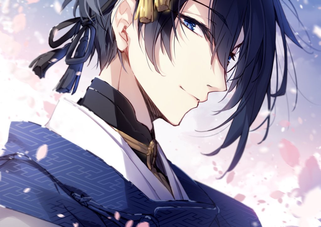 1boy bangs black_hair blue_eyes closed_mouth eyebrows_visible_through_hair from_side hair_between_eyes japanese_clothes kariginu looking_at_viewer looking_to_the_side male_focus mikazuki_munechika mochizuki_shiina petals sayagata smile solo touken_ranbu upper_body