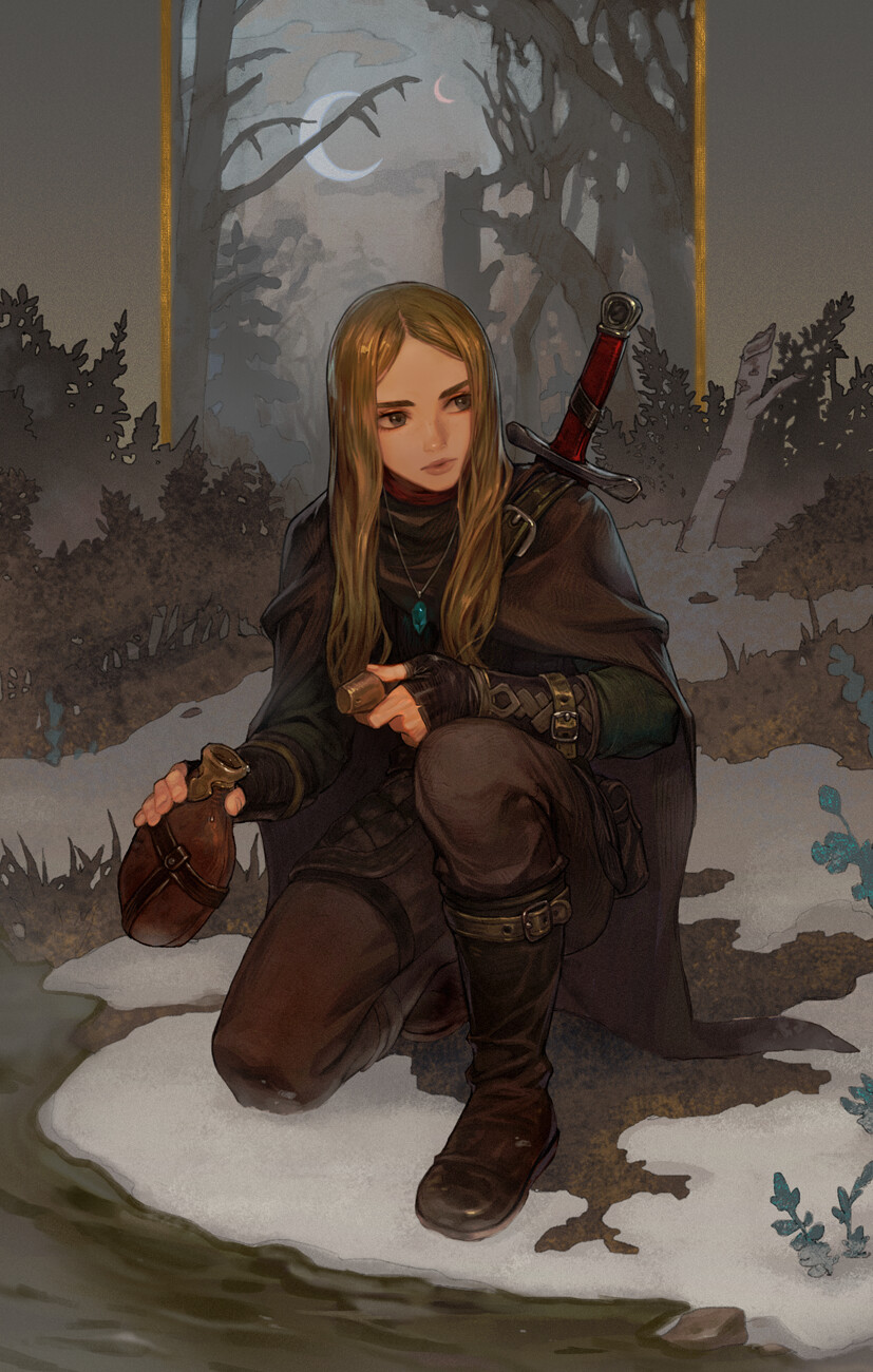 1boy bangs blonde_hair boots commentary crescent_moon fantasy faulds fingerless_gloves flask gem german_commentary gloves hair_over_shoulder highres jewelry male_focus moon morry multiple_moons one_knee original outdoors pants parted_bangs pendant sheath sheathed snow solo sword sword_behind_back weapon