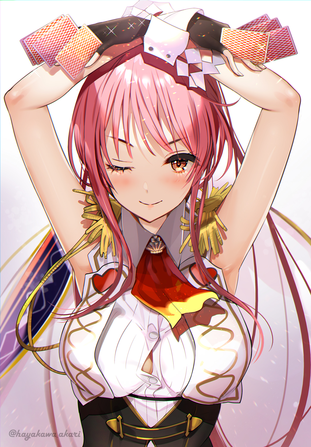1girl arms_up black_gloves blush breasts brown_eyes card epaulettes fingerless_gloves gloves hayakawa_akari highres holding holding_card looking_at_viewer official_art one_eye_closed pink_hair playing_card red_neckwear sennen_sensou_aigis sleeveless solo twitter_username upper_body white_background wrist_cuffs