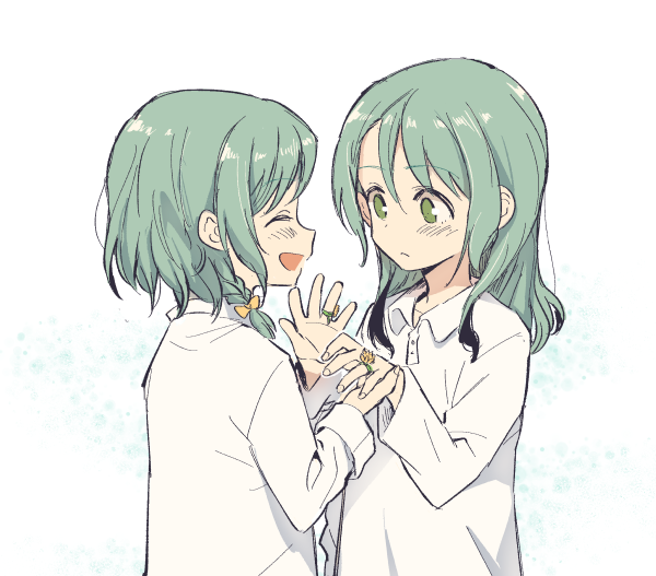 2girls :d ^_^ akni bang_dream! bangs bow child closed_eyes collared_shirt flower_ring frown green_eyes green_hair hair_bow hikawa_hina hikawa_sayo long_hair long_sleeves looking_at_another matching_outfit multiple_girls open_mouth shirt short_hair side_braids smile upper_body white_shirt yellow_bow younger