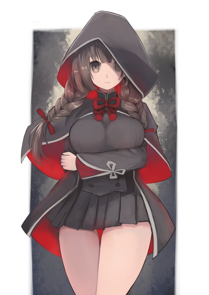 1girl arm_under_breasts bangs black_capelet black_skirt braid breasts brown_eyes brown_hair capelet empty_eyes eyebrows_visible_through_hair hair_ribbon hood hood_up hooded_capelet kantai_collection large_breasts long_hair long_sleeves pleated_skirt red_neckwear ribbon shaded_face shinshuu_maru_(kantai_collection) skirt solo twin_braids yuzuruka_(bougainvillea)