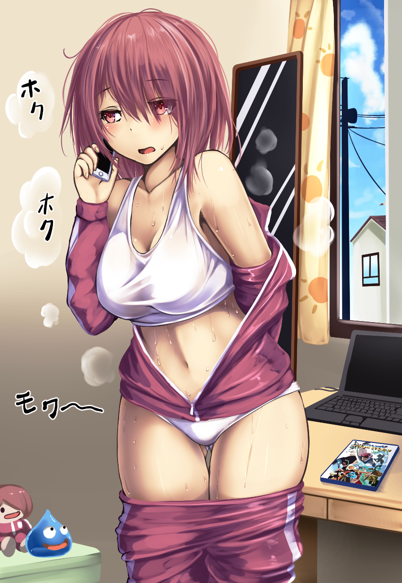 1girl blush breasts brown_hair hair_over_one_eye highres hoshino_miyako_(wataten) jacket jersey large_breasts monikano navel panties pants pants_pull red_jacket red_pants sweat track_jacket track_pants track_suit underwear watashi_ni_tenshi_ga_maiorita!