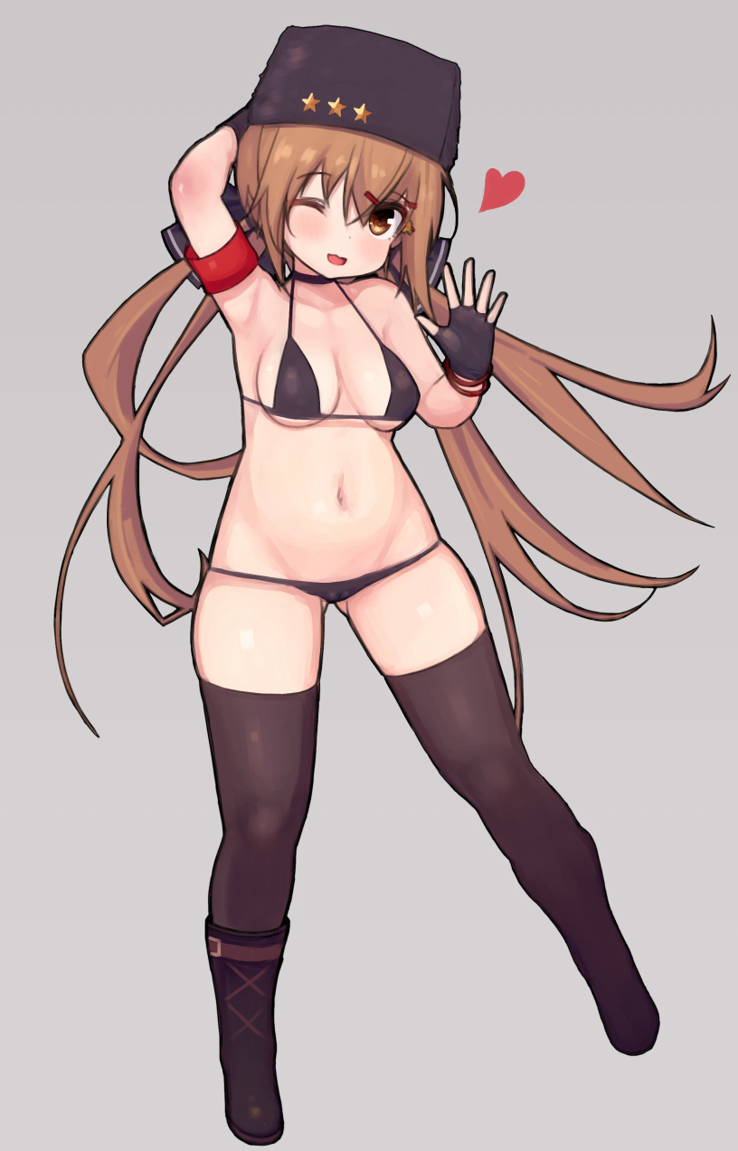 1girl alternate_costume bikini black_bow black_headwear blush boots bow breasts brown_eyes brown_hair eyebrows_visible_through_hair full_body grey_background hair_between_eyes hair_bow hair_ornament hairclip hat highres kantai_collection long_hair low_twintails micro_bikini navel one_eye_closed open_mouth papakha rose_neru simple_background small_breasts smile star swimsuit tashkent_(kantai_collection) thigh-highs thigh_boots twintails