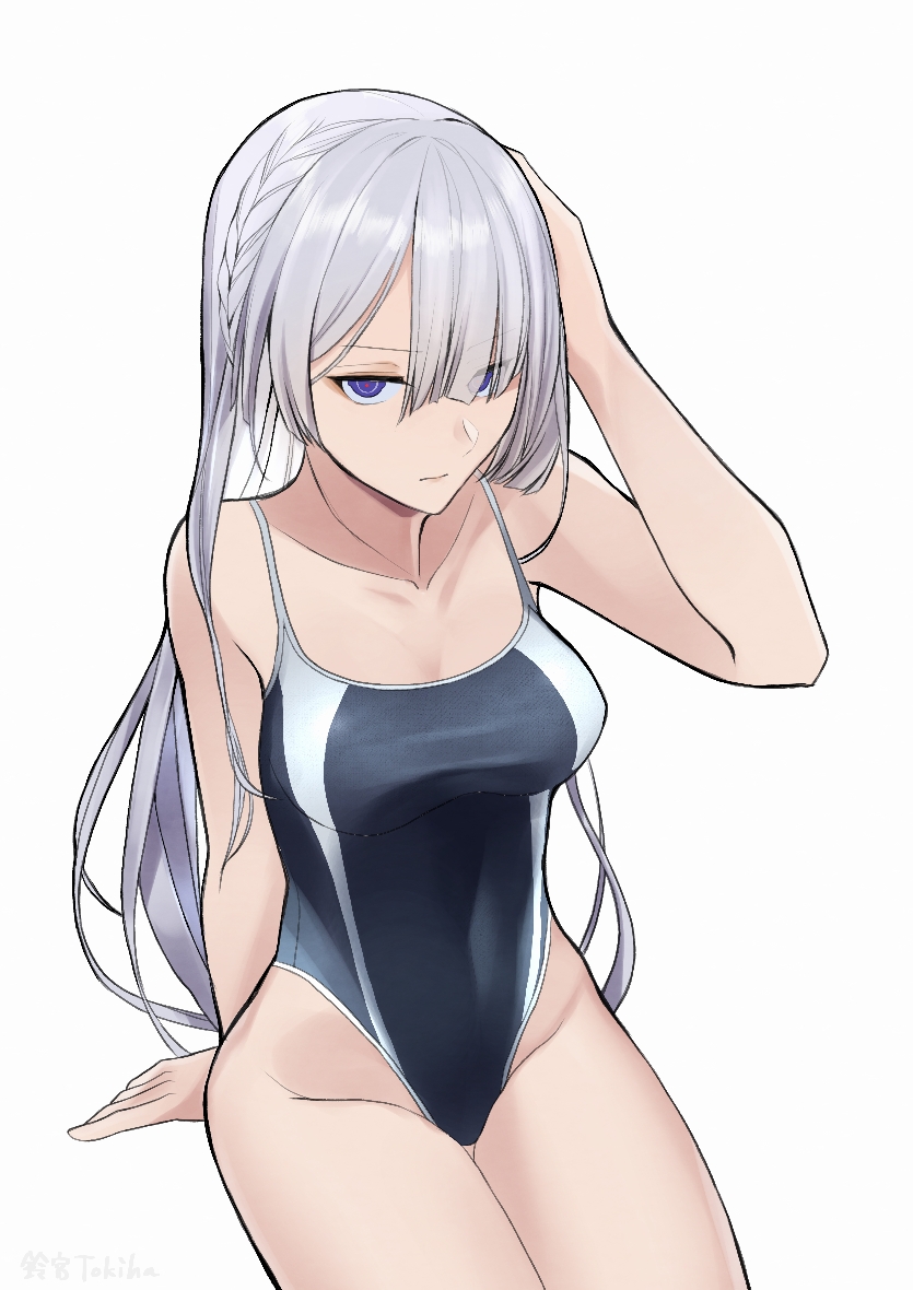 1girl ak-15_(girls_frontline) bangs braid competition_swimsuit cowboy_shot girls_frontline grey_swimsuit hair_over_one_eye highleg highleg_swimsuit invisible_chair long_hair looking_at_viewer one-piece_swimsuit silver_hair simple_background sitting solo swimsuit tokyoha1 violet_eyes white_background