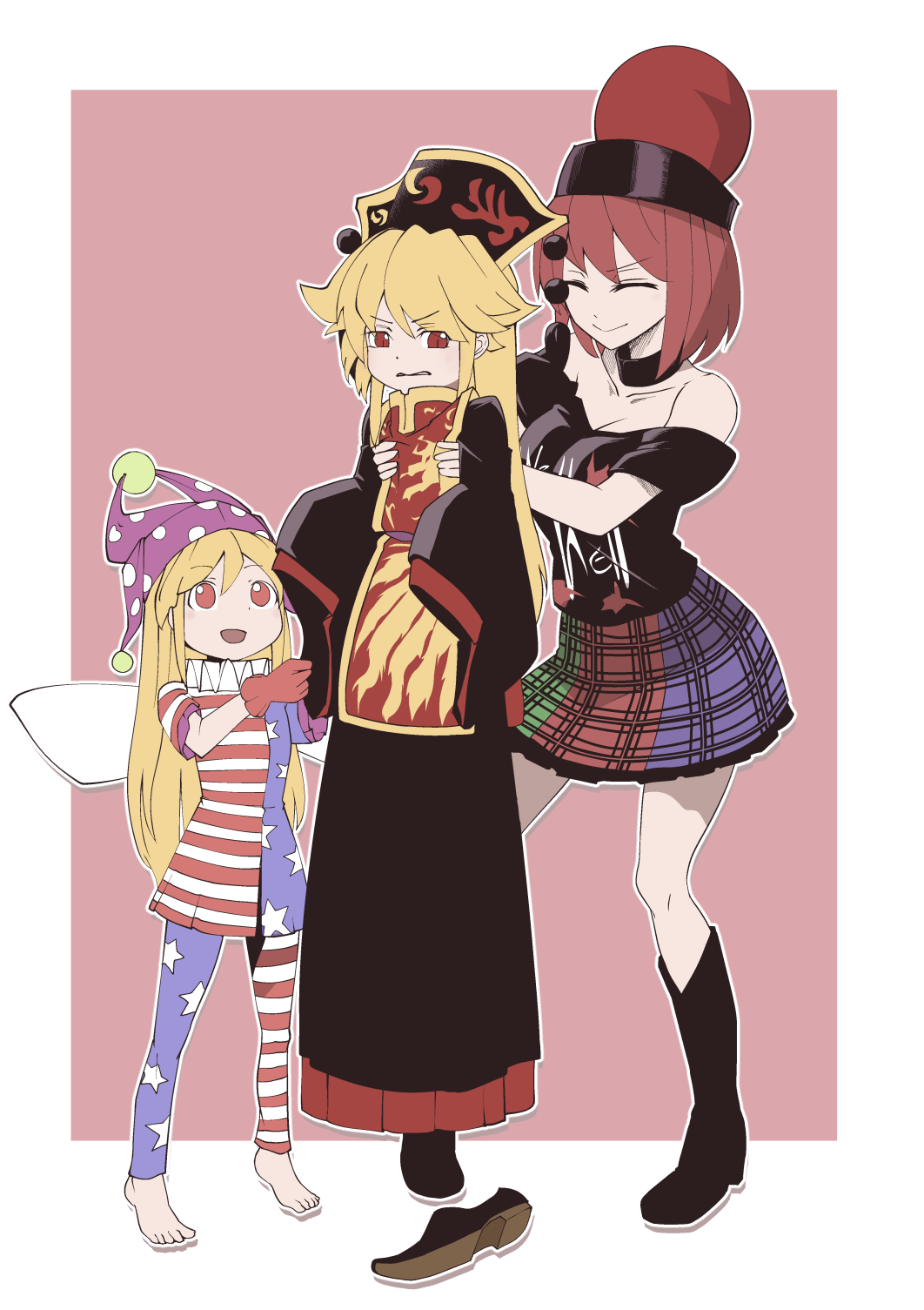 3girls american_flag_dress american_flag_legwear bare_shoulders black_dress black_footwear black_headwear black_shirt blonde_hair boots carrying child closed_eyes closed_mouth clothes_writing clownpiece collar dress fairy_wings flat_color frown gloves hat hecatia_lapislazuli highres jester_cap junko_(touhou) kikoka_(mizuumi) leggings long_hair medium_hair miniskirt multicolored multicolored_clothes multicolored_skirt multiple_girls neck_ruff no_socks off-shoulder_shirt off_shoulder open_mouth polka_dot polos_crown purple_headwear red_background red_eyes red_gloves redhead shirt short_dress skirt smile standing t-shirt tabard touhou two-tone_background white_background wings younger