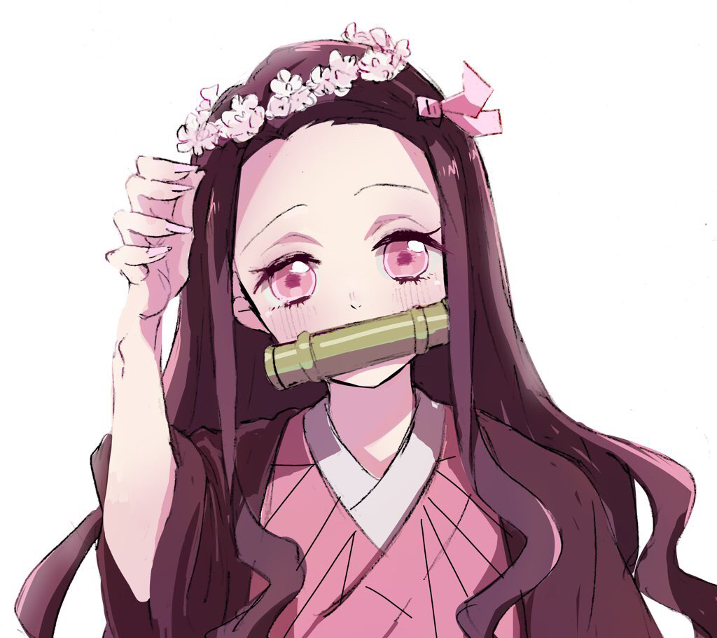 1girl anko_(iume11) bamboo bit_gag black_hair blush forehead gag hair_ribbon haori head_tilt head_wreath japanese_clothes kamado_nezuko kimetsu_no_yaiba kimono long_hair looking_at_viewer pink_eyes pink_kimono ribbon simple_background smile solo upper_body white_background