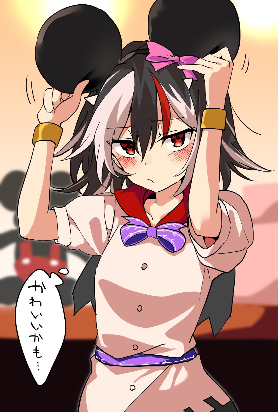 animal_ears arms_up bangs black_hair blush bow bowtie bracelet commentary_request disney dress eyebrows_visible_through_hair fake_animal_ears hair_between_eyes hair_bow highres horns jewelry kijin_seija looking_at_viewer manarou mickey_mouse mouse_ears multicolored_hair pink_bow puffy_short_sleeves puffy_sleeves purple_bow purple_neckwear purple_sash red_eyes redhead sash short_hair short_sleeves streaked_hair thought_bubble touhou translation_request upper_body white_dress white_hair