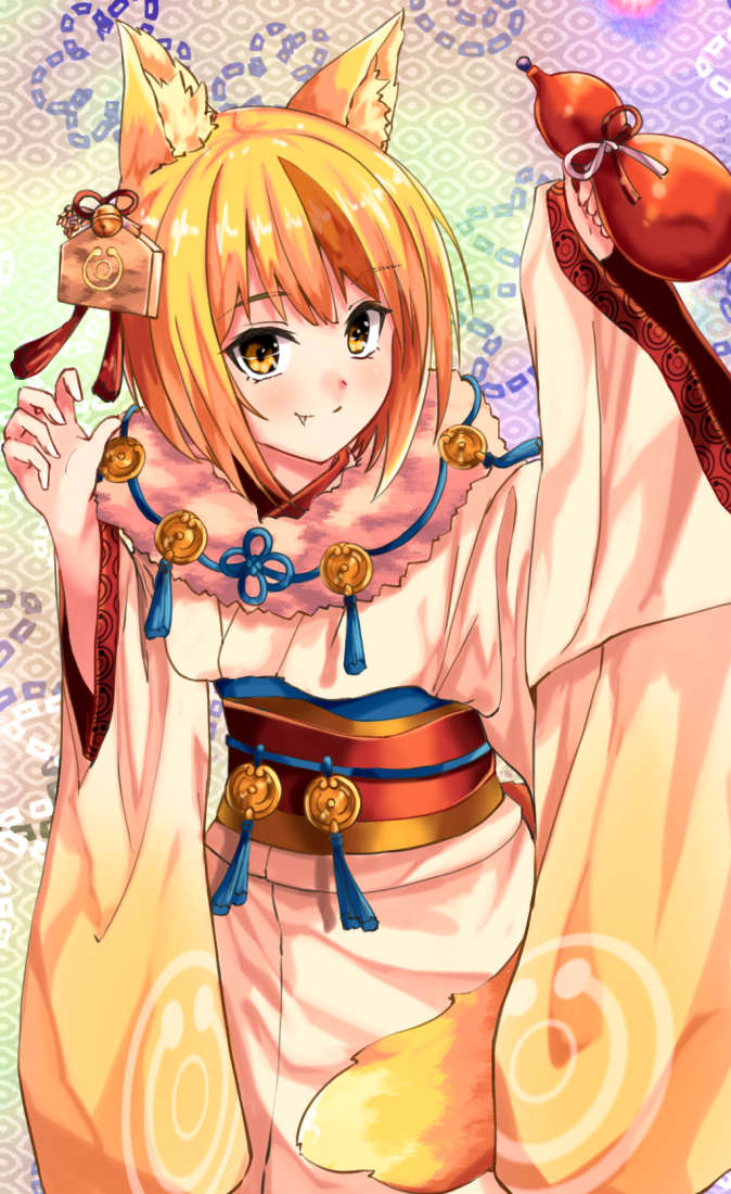 1girl animal_ears bell blonde_hair brown_hair closed_mouth fang fire_emblem fire_emblem_fates fire_emblem_heroes fox_ears fuussu_(21-kazin) hair_ornament holding japanese_clothes kimono long_sleeves multicolored_hair obi sash selkie_(fire_emblem) smile solo streaked_hair wide_sleeves yellow_eyes