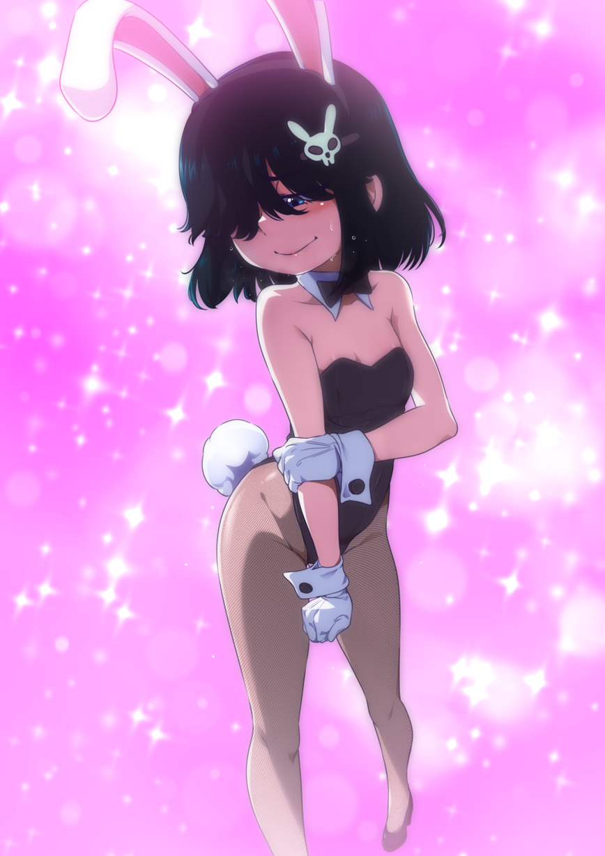 1girl animal_ears bare_shoulders black_hair black_leotard blue_eyes blush bow bowtie brown_legwear bunny_girl bunnysuit detached_collar fake_animal_ears fishnet_legwear fishnets hair_over_eyes highleg highleg_leotard highres jcm2 leotard lucy_loud pantyhose rabbit_ears shiny shiny_hair shiny_skin short_hair smile solo standing strapless strapless_leotard tail the_loud_house wrist_cuffs