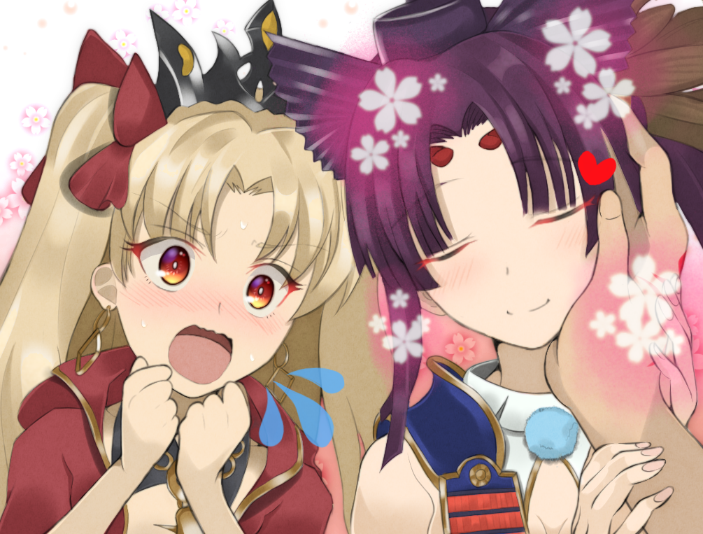 1girl armor black_hair blonde_hair blush closed_eyes detached_sleeves earrings ereshkigal_(fate/grand_order) eyebrows_visible_through_hair fate/grand_order fate_(series) feathers hair_feathers japanese_armor jewelry muni_nuren open_mouth out_of_frame petting red_eyes side_ponytail upper_body ushiwakamaru_(fate/grand_order)