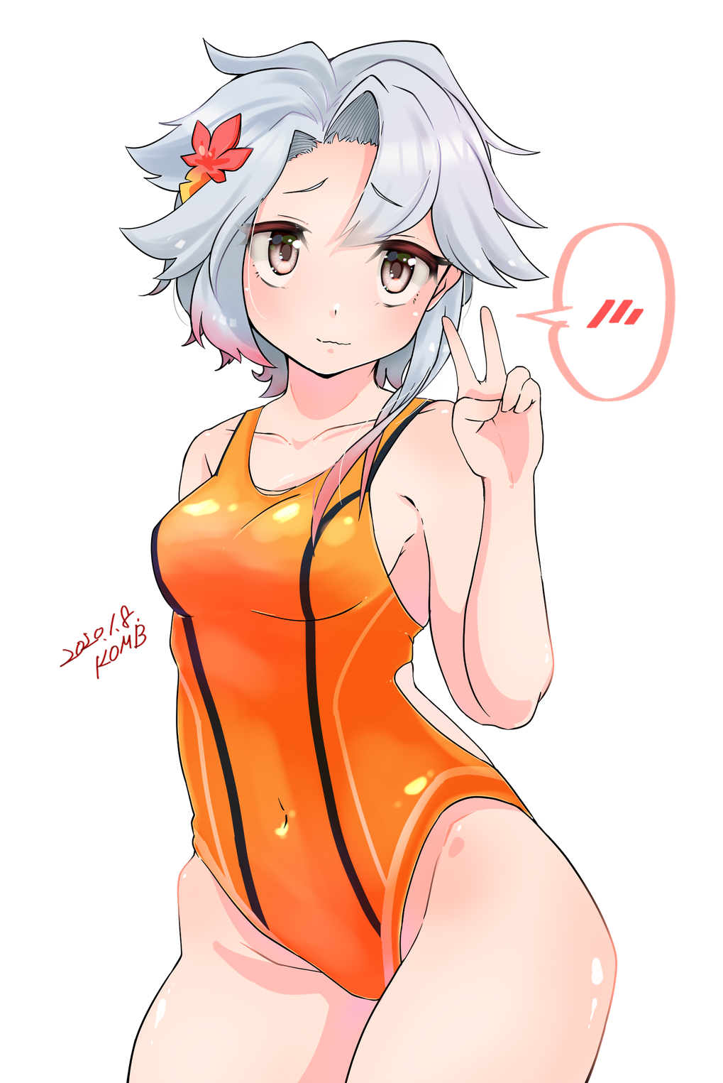 1girl akishimo_(kantai_collection) alternate_costume artist_name asymmetrical_bangs asymmetrical_hair bangs breasts brown_hair collarbone commentary_request competition_swimsuit cowboy_shot dated embarrassed gradient_hair hair_ornament highres kantai_collection komb looking_at_viewer multicolored_hair one-piece_swimsuit orange_swimsuit short_hair_with_long_locks silver_hair small_breasts solo spoken_blush swimsuit v