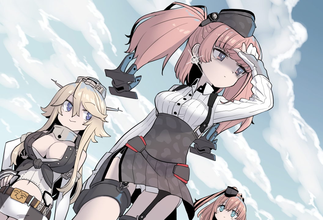 3girls anchor_hair_ornament atlanta_(kantai_collection) black_skirt blonde_hair blue_eyes blue_sky breasts brown_hair clouds earrings fingerless_gloves front-tie_top garrison_cap garter_straps gloves grey_eyes hair_ornament hat headgear high-waist_skirt iowa_(kantai_collection) jewelry kantai_collection large_breasts long_sleeves miniskirt monaka_ooji multiple_girls outdoors partly_fingerless_gloves ponytail saratoga_(kantai_collection) shirt side_ponytail sidelocks skirt sky smokestack_hair_ornament star star_earrings striped suspender_skirt suspenders two_side_up vertical-striped_skirt vertical_stripes white_shirt