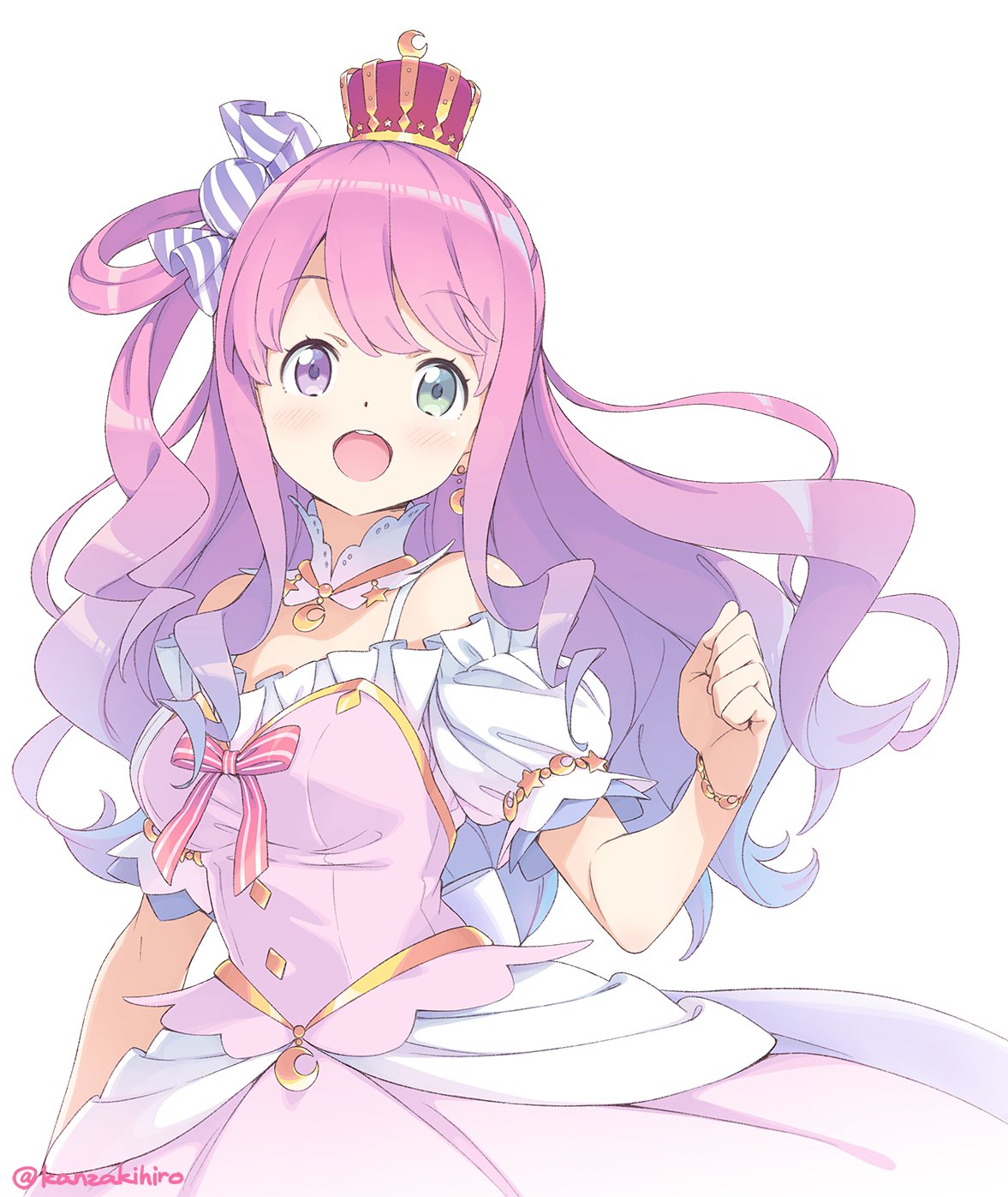 1girl bare_shoulders blush bracelet breasts candy_hair_ornament crescent crescent_earrings crown detached_sleeves dress earrings food_themed_hair_ornament gradient_hair green_eyes hair_ornament heterochromia highres himemori_luna hololive jewelry kanzaki_hiro long_hair looking_at_viewer medium_breasts multicolored_hair open_mouth pink_dress pink_hair puffy_short_sleeves puffy_sleeves round_teeth short_sleeves simple_background smile solo teeth twitter_username upper_body violet_eyes virtual_youtuber white_background