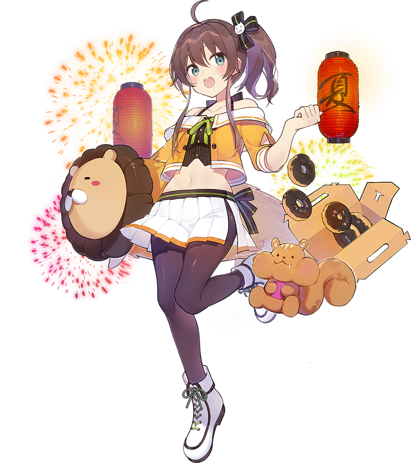 1girl ahoge aqua_eyes ark_order black_legwear black_shirt boots brown_hair crop_top cross-laced_footwear doughnut ebi_frion_(matsuri_channel) food green_ribbon hololive jacket lace-up_boots lantern midriff minamura_haruki natsuiro_matsuri orange_jacket pantyhose paper_lantern pleated_skirt ribbon shirt side_ponytail side_ribbon side_slit skirt sleeveless sleeveless_shirt solo squirrel striped striped_ribbon transparent_background virtual_youtuber white_footwear white_skirt