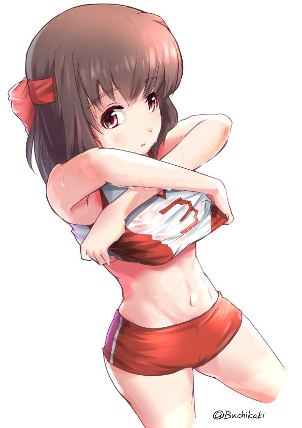 1girl bangs brown_eyes brown_hair buchikaki commentary cowboy_shot cropped_legs eyebrows_visible_through_hair girls_und_panzer headband kondou_taeko lifted_by_self looking_at_viewer medium_hair navel parted_lips red_headband red_shirt red_shorts shirt shirt_lift short_shorts shorts simple_background single_vertical_stripe sleeveless sleeveless_shirt solo sportswear standing sweat twitter_username volleyball_uniform white_background