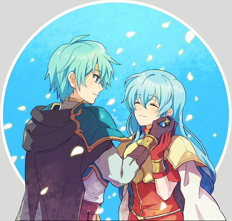 1boy 1girl 2900cm aqua_hair artist_name blue_eyes boy breastplate brother_and_sister cape closed_eyes closed_mouth cute earrings eirika_(fire_emblem) ephraim_(fire_emblem) fire_emblem fire_emblem:_seima_no_kouseki fire_emblem:_the_sacred_stones fire_emblem_8 from_side girl gloves intelligent_systems jewelry long_hair long_sleeves nintendo petals red_gloves short_hair siblings upper_body