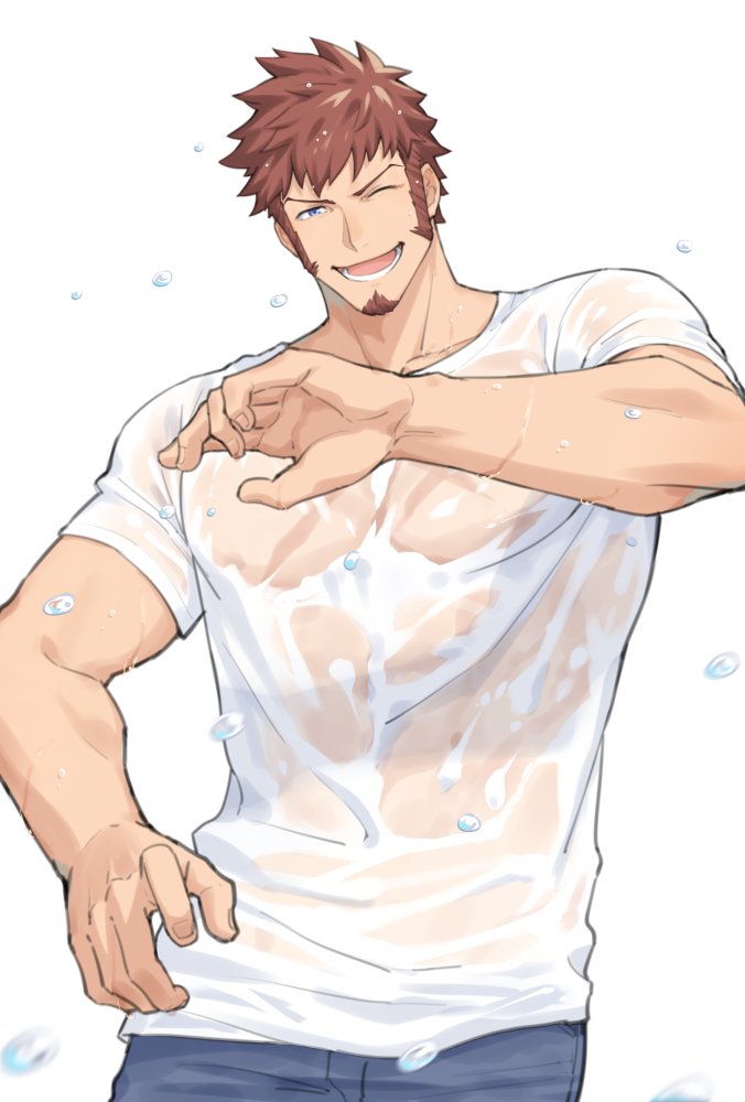 1boy 47_(479992103) beard blue_eyes brown_hair chest denim facial_hair fate/grand_order fate_(series) jeans looking_at_viewer male_focus muscle open_mouth pants pectorals scar smile solo upper_body wet wet_clothes wet_hair