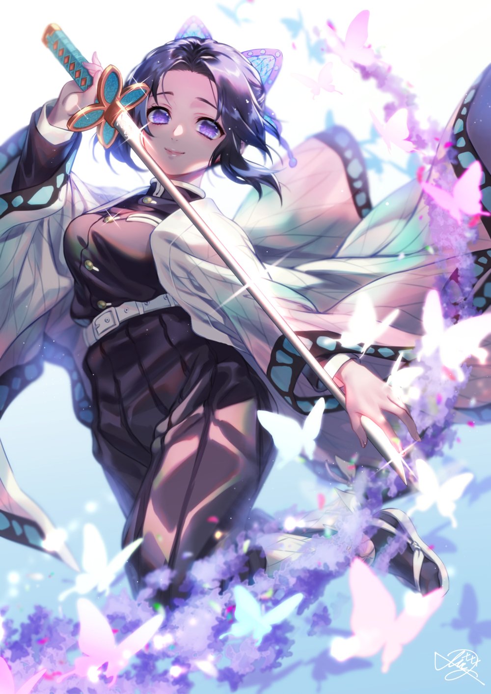 1girl animal_print bangs belt black_jacket black_legwear black_pants blue_butterfly butterfly_hair_ornament butterfly_print closed_mouth commentary day dutch_angle hair_ornament haori high_collar highres holding holding_sword holding_weapon iria_splash jacket japanese_clothes katana kimetsu_no_yaiba kochou_shinobu leg_up leg_warmers long_sleeves looking_at_viewer outdoors pants parted_bangs purple_butterfly sandals short_hair smile solo sparkle standing standing_on_one_leg sword tabi tied_hair uniform violet_eyes weapon white_belt white_butterfly white_footwear white_legwear