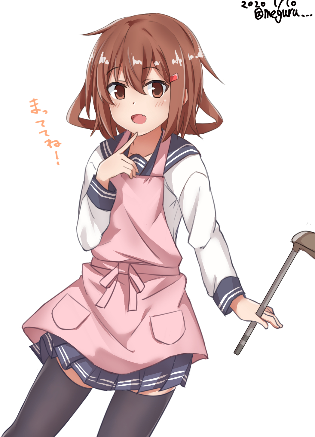 1girl apron black_legwear blush brown_eyes brown_hair dated eyebrows_visible_through_hair hair_ornament hairclip highres ikazuchi_(kantai_collection) kantai_collection ladle long_sleeves meguru_(megurunn) neckerchief open_mouth pleated_skirt school_uniform serafuku short_hair simple_background skirt smile solo thigh-highs white_background