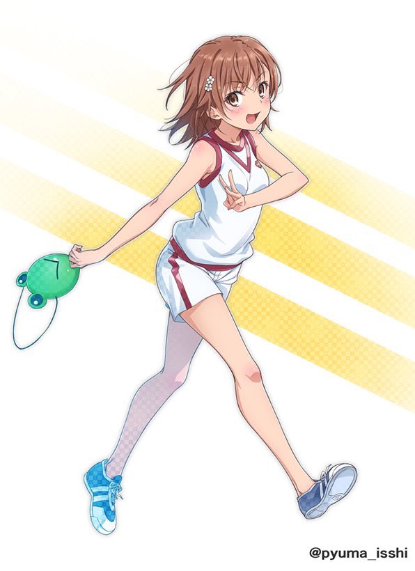 1girl blue_footwear brown_eyes brown_hair commentary_request flower frog_mask full_body gekota gym_uniform hair_flower hair_ornament hairclip looking_at_viewer mask mask_removed misaka_mikoto open_mouth puma_(hyuma1219) shirt shoes short_hair shorts sleeveless sleeveless_shirt smile sneakers solo to_aru_kagaku_no_railgun to_aru_majutsu_no_index twitter_username white_shirt white_shorts