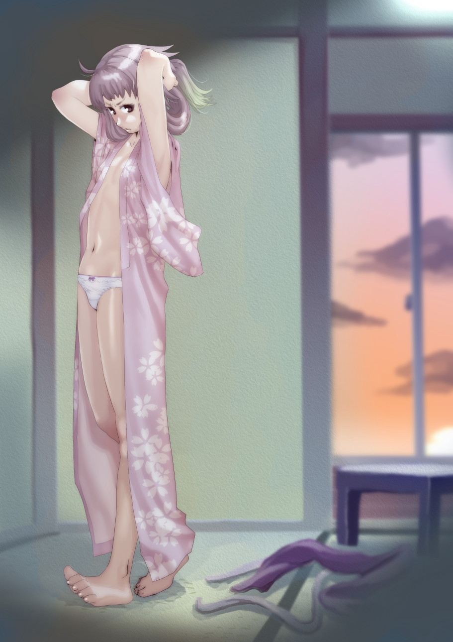 1girl barefoot closed_mouth commentary_request dress feet highres kimono looking_at_viewer no_bra open_clothes panties purple_hair small_breasts solo soon underwear violet_eyes vocaloid yuzuki_yukari