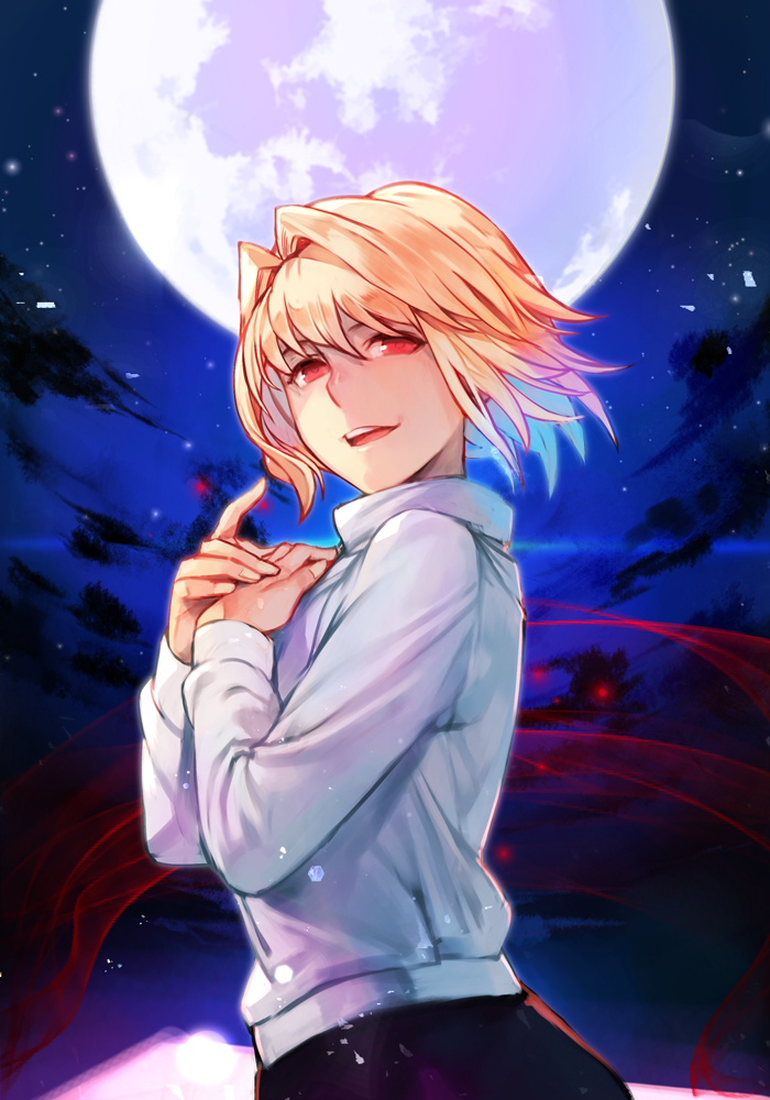 1girl arcueid_brunestud aura bangs blonde_hair full_moon hair_intakes hands_on_own_chest hankuri looking_at_viewer moon night parted_lips purple_skirt red_eyes short_hair skirt solo sweater tsukihime turtleneck white_sweater