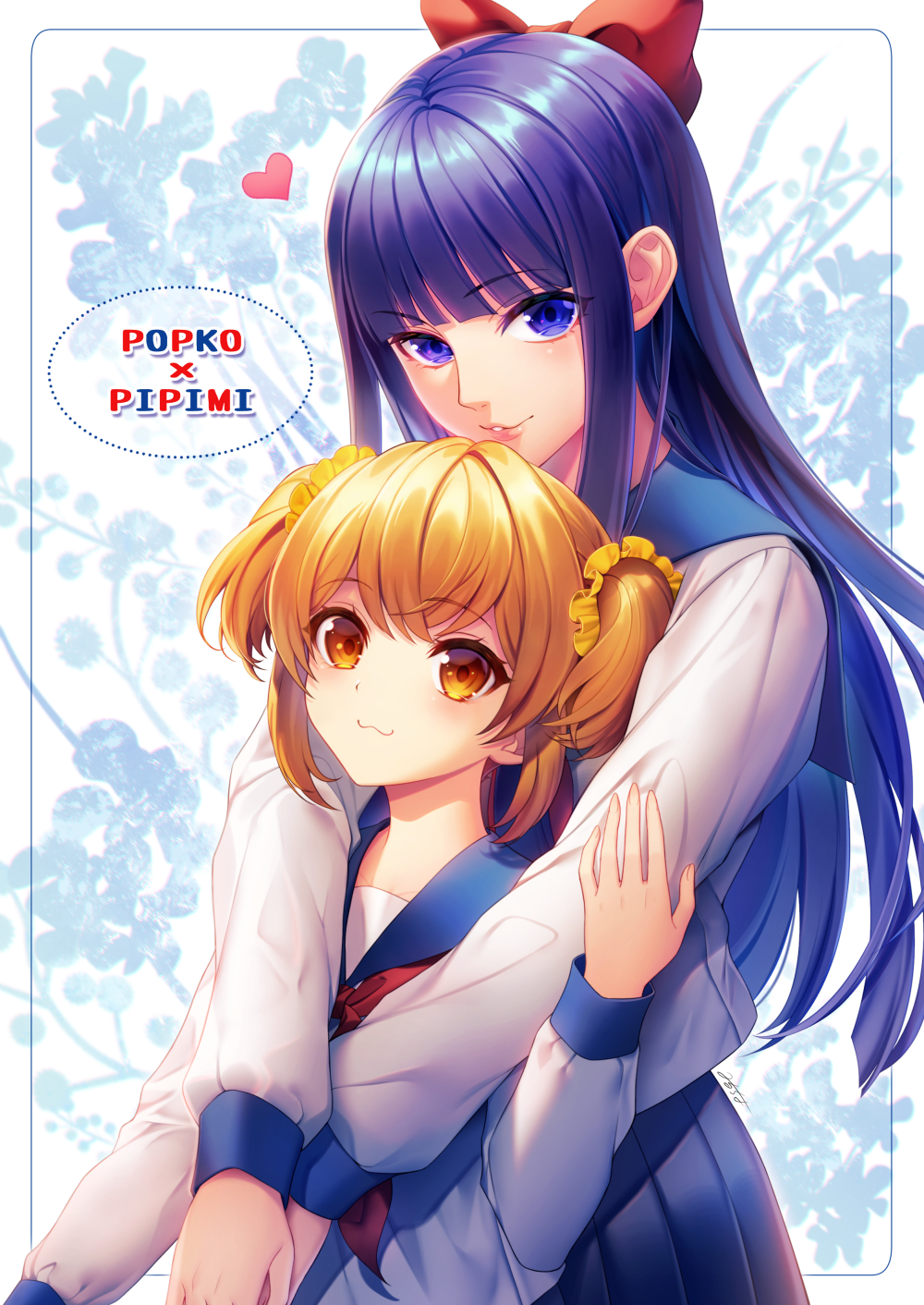 2girls :3 bangs blue_sailor_collar blue_skirt blunt_bangs bow character_name closed_mouth commentary_request eyebrows_visible_through_hair hair_bow hair_ornament hair_scrunchie heart height_difference highres hug hug_from_behind long_hair long_sleeves milcho multiple_girls neckerchief orange_eyes orange_hair own_hands_together parted_lips pipimi pleated_skirt poptepipic popuko purple_hair red_bow red_neckwear sailor_collar school_uniform scrunchie serafuku shirt short_hair short_twintails sidelocks skirt smile straight_hair twintails upper_body violet_eyes white_shirt yuri