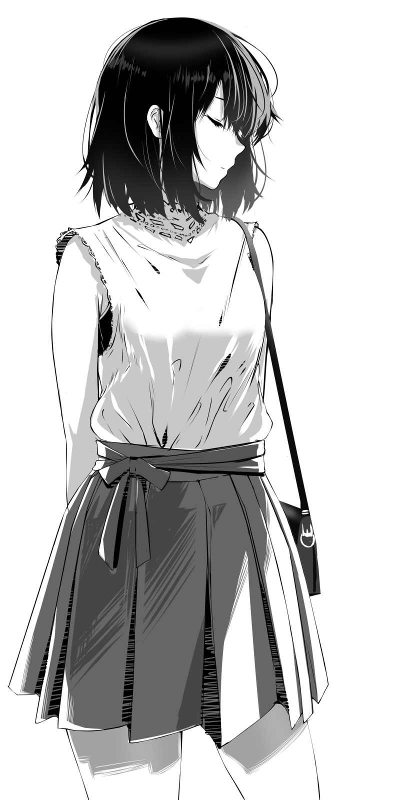 1girl bag bangs blunt_bangs closed_eyes closed_mouth eyebrows_visible_through_hair facing_away greyscale handbag highres monochrome original rur_(ml_ruru) short_hair skirt sleeveless solo