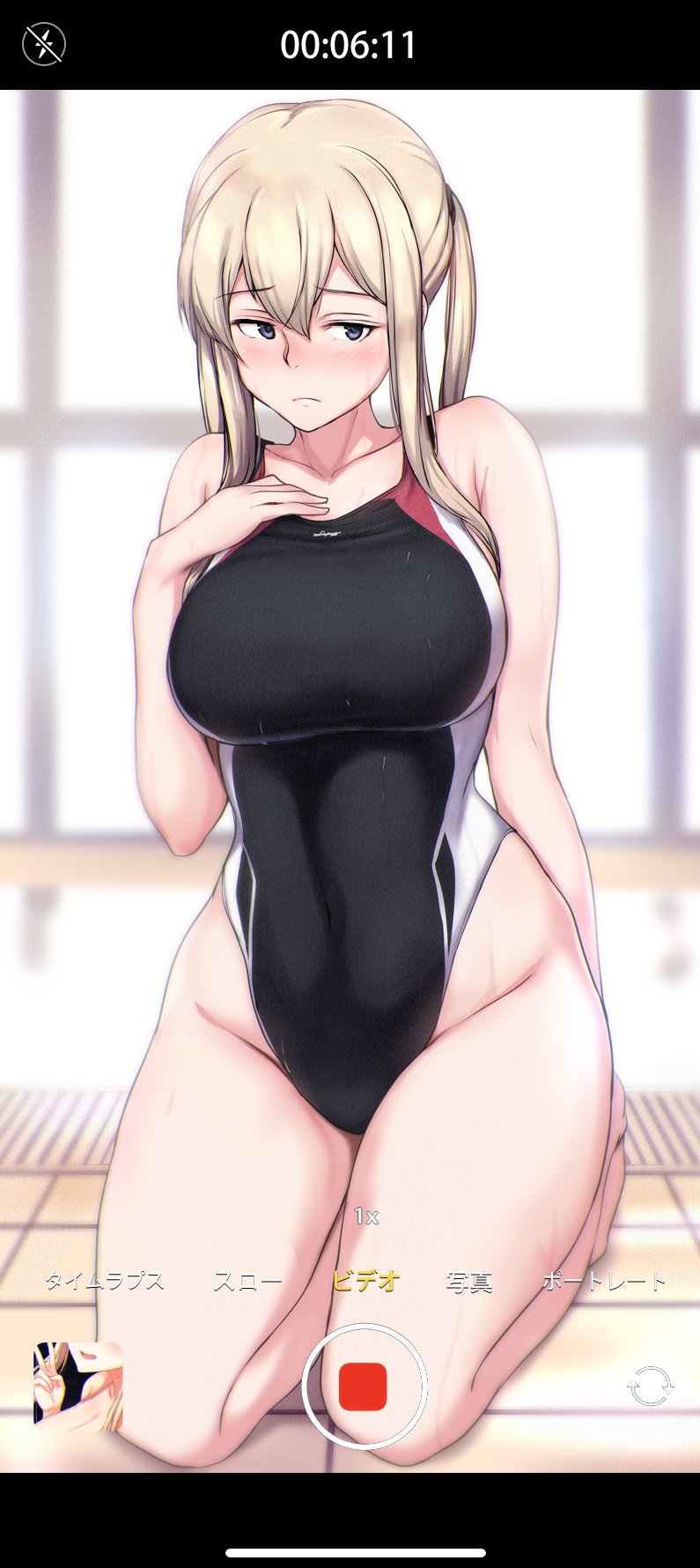 1girl black_swimsuit blonde_hair breasts competition_swimsuit covered_navel embarrassed full_body graf_zeppelin_(kantai_collection) grey_eyes hair_between_eyes hand_on_own_chest highleg highleg_swimsuit highres kantai_collection kneeling large_breasts long_hair looking_at_viewer one-piece_swimsuit osterei phone_screen sidelocks solo swimsuit tsurime twintails viewfinder