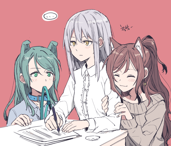 ... 3girls :| ^_^ akni animal_ears arm_hug bang_dream! bangs blue_collar blue_shirt brown_hair cat_ears closed_eyes closed_mouth collar collared_shirt dog_collar dog_ears earrings green_eyes green_hair grey_hair grey_sweater half_updo hikawa_sayo holding holding_pen imai_lisa jewelry kemonomimi_mode leash long_hair long_sleeves minato_yukina mouth_hold multiple_girls off-shoulder_sweater off_shoulder paper pen red_background shirt simple_background smile spoken_ellipsis sweater upper_body white_shirt writing yellow_eyes