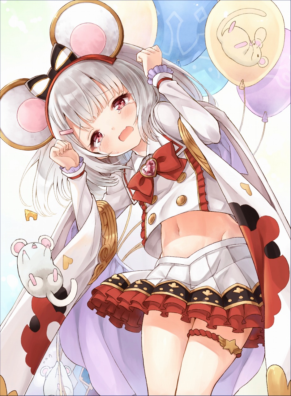 animal_ears arms_up balloon bangs bow cheese commentary cowboy_shot eyebrows_visible_through_hair fake_animal_ears flying_sweatdrops food from_below fuyu_no_kareha granblue_fantasy hairband heart highres long_sleeves looking_at_viewer medium_hair miniskirt mouse mouse_ears navel open_mouth red_eyes silver_hair skirt standing tears thigh_strap vikala_(granblue_fantasy)