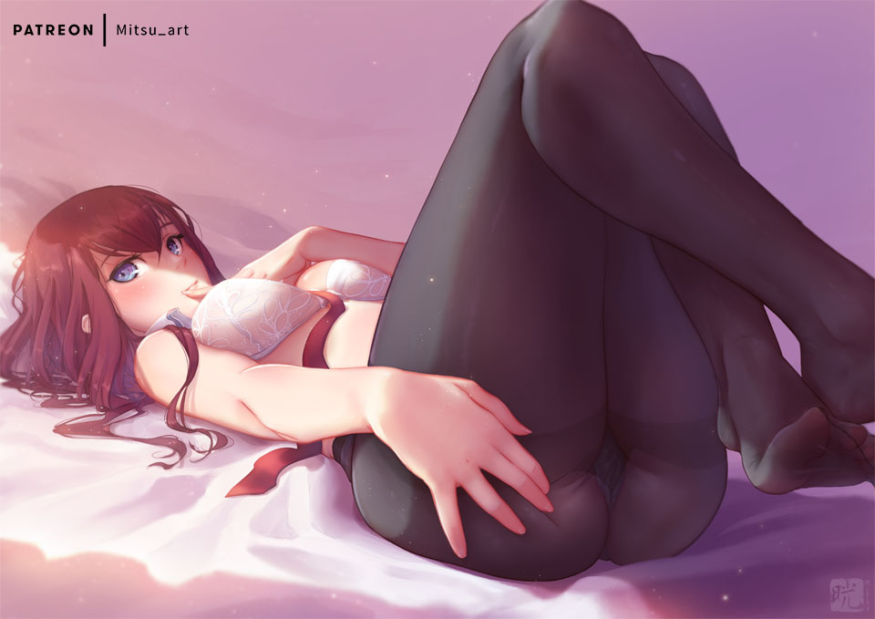 1girl artist_logo artist_name ass bed bed_sheet black_legwear blue_eyes blush bra breasts brown_hair commentary_request crossed_legs dorsiflexion feet finger_to_mouth gusset hair_between_eyes hand_on_own_ass leg_up legs legs_together lingerie looking_at_viewer lying makise_kurisu medium_breasts messy_hair mitsu_(mitsu_art) necktie no_shoes on_back panties pantyhose patreon_username red_neckwear solo steins;gate thighs toes underwear white_bra