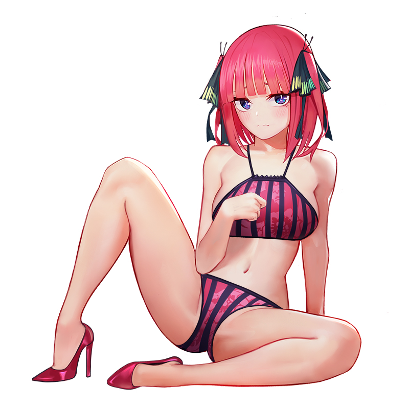 1girl arm_support bangs bare_arms bare_shoulders bikini blunt_bangs blush breasts butterfly_hair_ornament closed_mouth collarbone floral_print full_body go-toubun_no_hanayome hair_ornament high_heels knee_up looking_at_viewer medium_breasts nakano_nino navel pink_bikini pink_footwear pink_hair print_bikini rix2118 short_hair sitting solo spread_legs stomach striped swimsuit two_side_up vertical-striped_bikini vertical_stripes violet_eyes