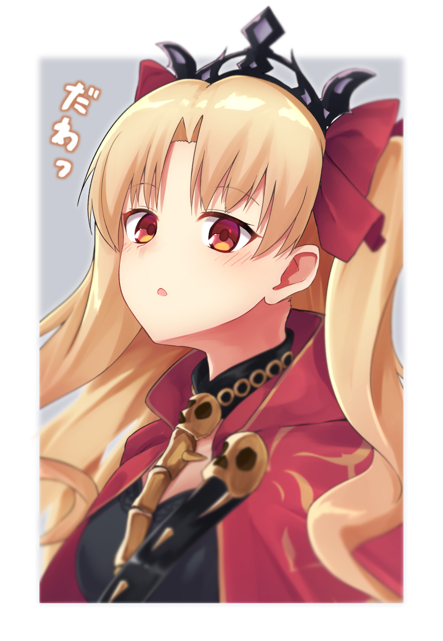 1girl bangs black_dress blonde_hair blurry blurry_background blush bow breasts cape commentary_request depth_of_field dress ereshkigal_(fate/grand_order) eyebrows_visible_through_hair fate/grand_order fate_(series) grey_background hair_bow highres looking_at_viewer medium_breasts nenosame parted_bangs parted_lips red_bow red_cape red_eyes skull solo spine tiara translation_request two-tone_background two_side_up upper_body white_background
