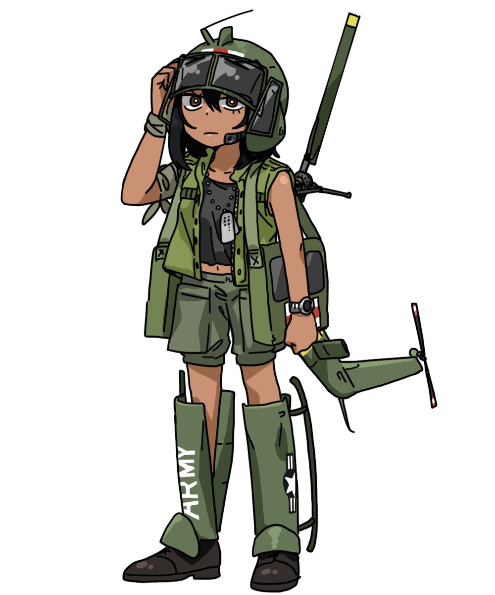 1girl aircraft anyan_(jooho) bag bandaged_arm bandages black_footwear black_hair black_shirt brown_eyes closed_mouth commentary dark_skin dog_tags english_commentary full_body green_shorts hand_on_own_head headset helmet highres looking_at_viewer mecha_musume medium_hair navel original pocket red_cross rotor shirt shorts simple_background sleeveless solo standing uh-1_iroquois united_states_army vest watch watch white_background