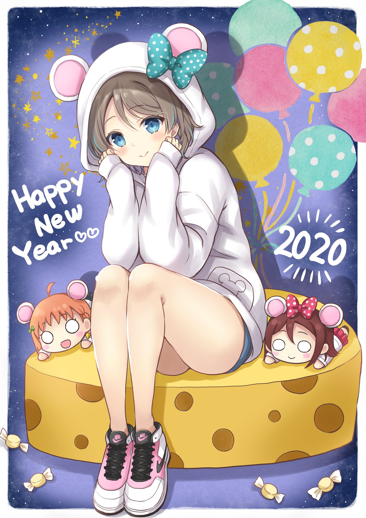 1girl 2020 :d ahoge animal_ears aqua_bow balloon bangs blue_eyes blush blush_stickers bow braid candy character_doll cheese chin_rest chinese_zodiac clenched_hands commentary_request elbows_on_knees food grey_hair hair_bow happy_new_year highres hood hood_up legs_together long_sleeves looking_at_viewer love_live! love_live!_sunshine!! mouse_ears mouse_hood nesoberi new_year nike o_o open_mouth orange_hair pink_footwear polka_dot polka_dot_bow red_bow sakurai_makoto_(custom_size) sakurauchi_riko shoes short_hair side_braid sitting smile sneakers solo takami_chika watanabe_you white_hoodie year_of_the_rat